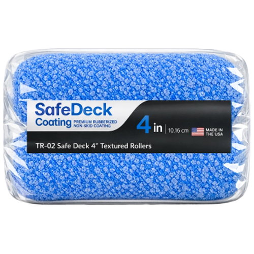Packaged blue textured roller with SafeDeck Coating branding on a white background