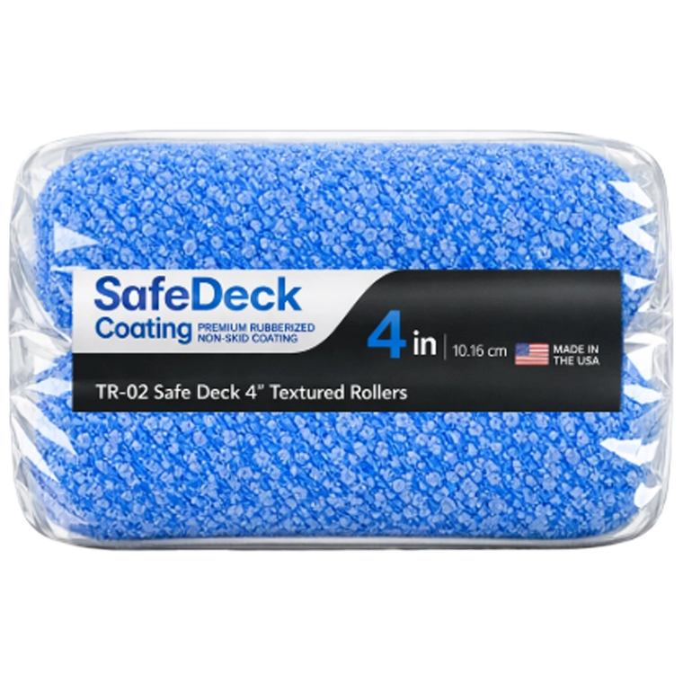 Packaged blue textured roller with SafeDeck Coating branding on a white background