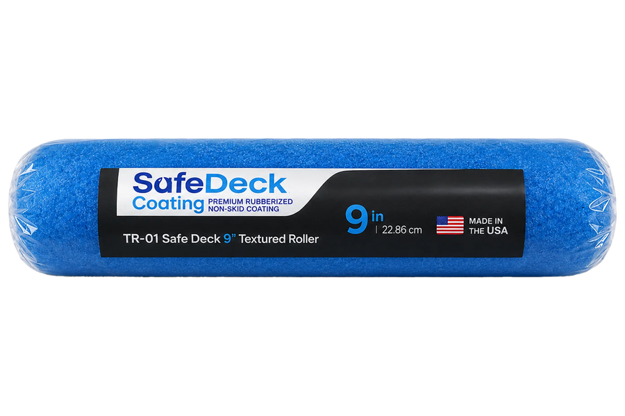 Blue textured roller with SafeDeck Coating label on a white background
