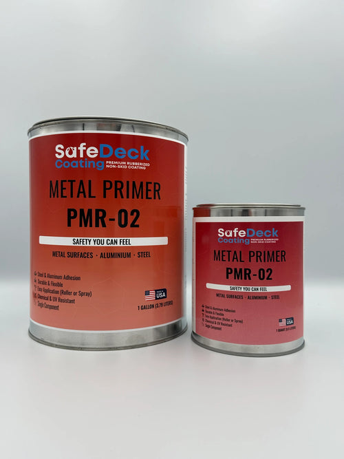 Two cans of SafeDeck Metal Primer PMR-02 on a white background