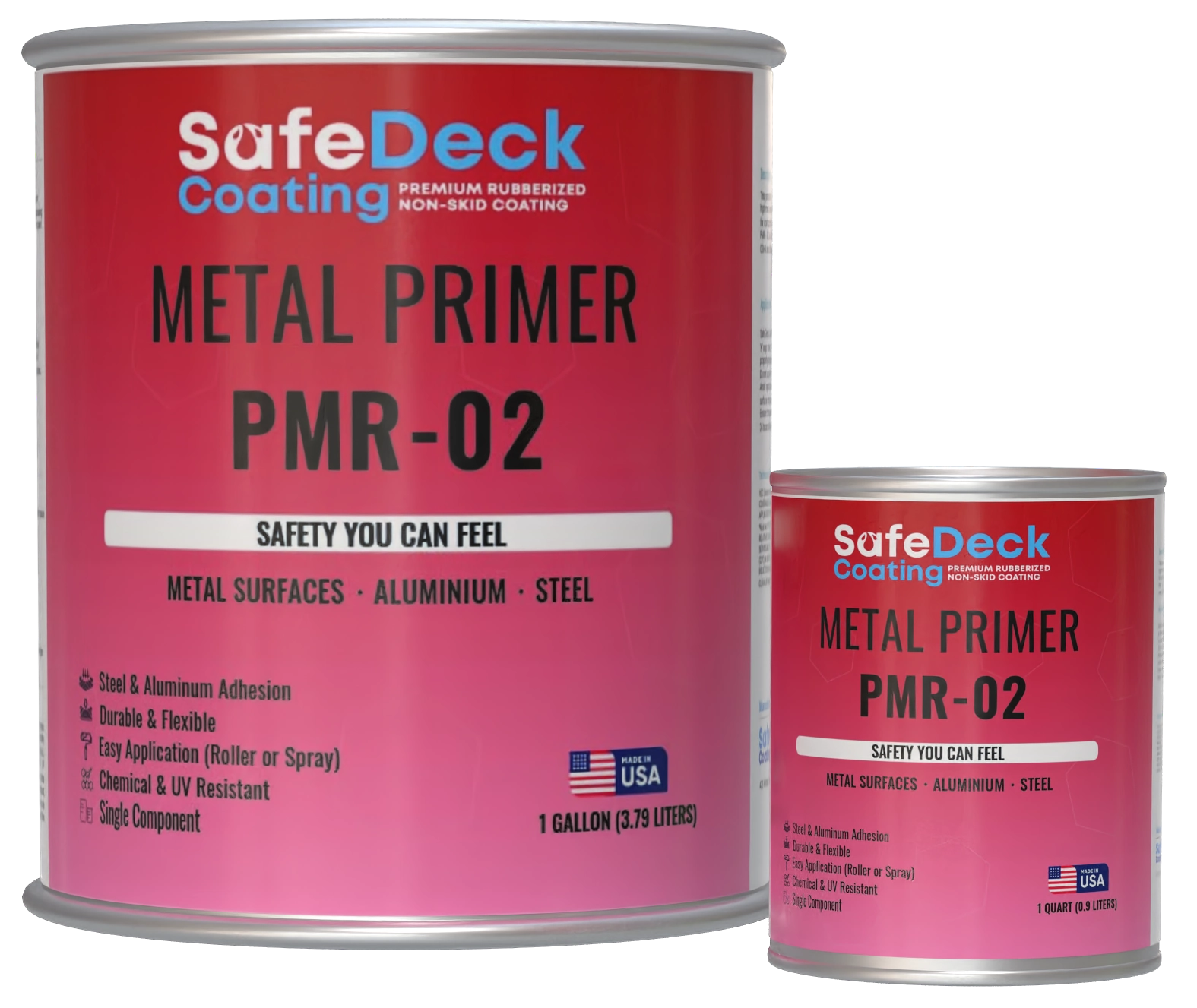 Two cans of SafeDeck Metal Primer PMR-02 on a white background