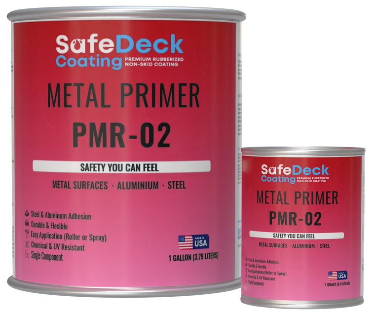 Two cans of SafeDeck Metal Primer PMR-02 on a white background