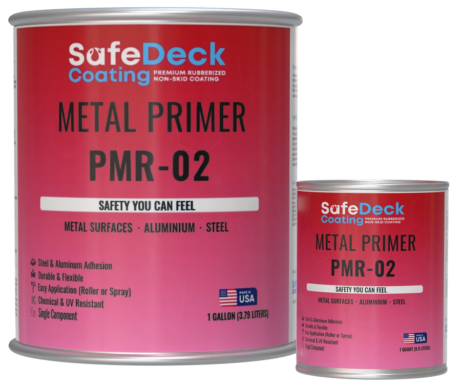 Two cans of SafeDeck Metal Primer PMR-02 on a white background