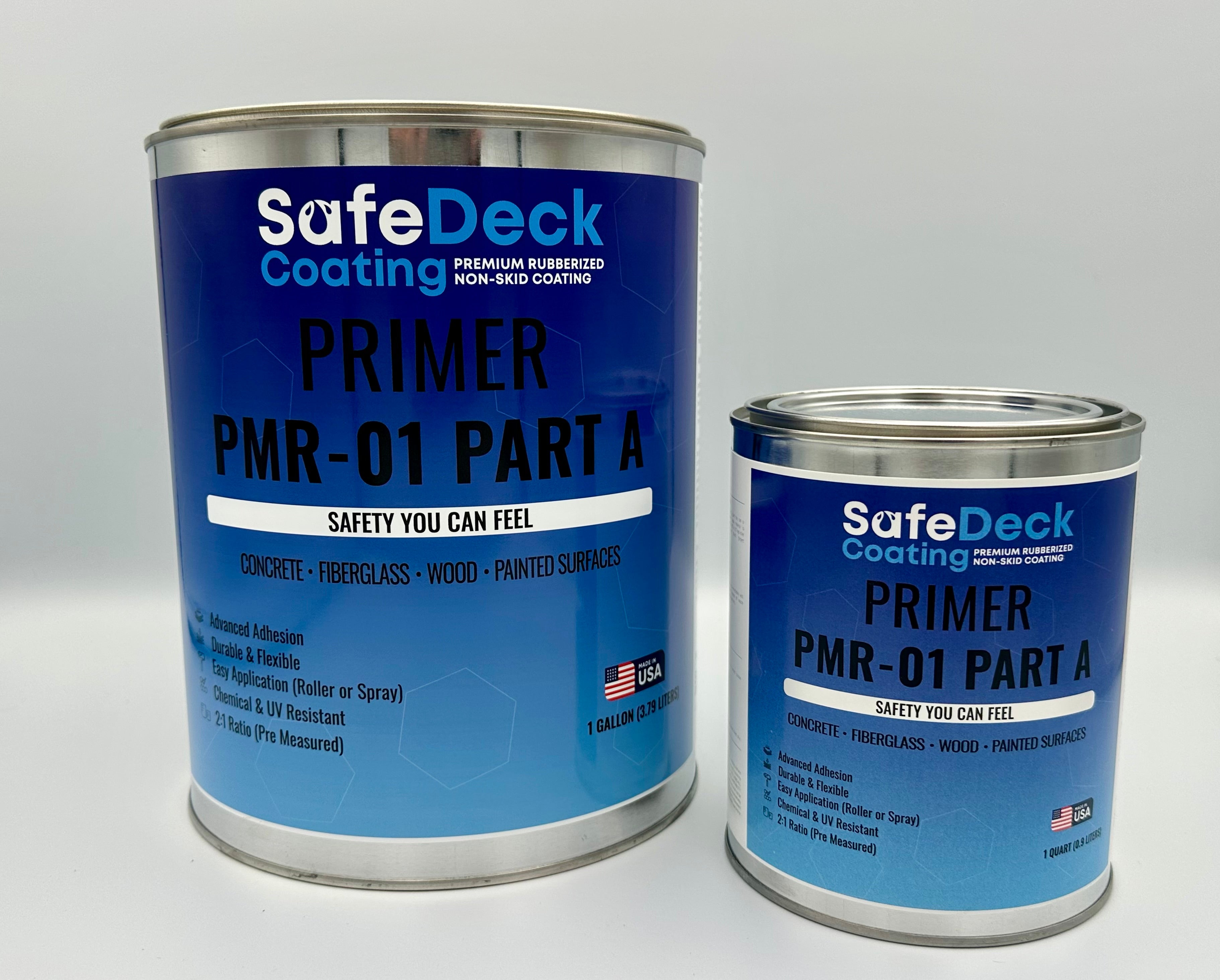Two cans of SafeDeck Coating Primer PMR-01 Part A on a white background