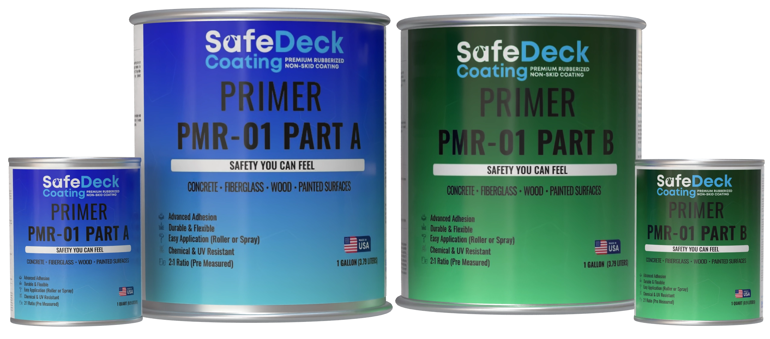 Two cans of SafeDeck Coating Primer PMR-01 Part A and Part B on a white background