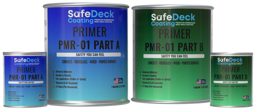 Two cans of SafeDeck Coating Primer PMR-01 Part A and Part B on a white background