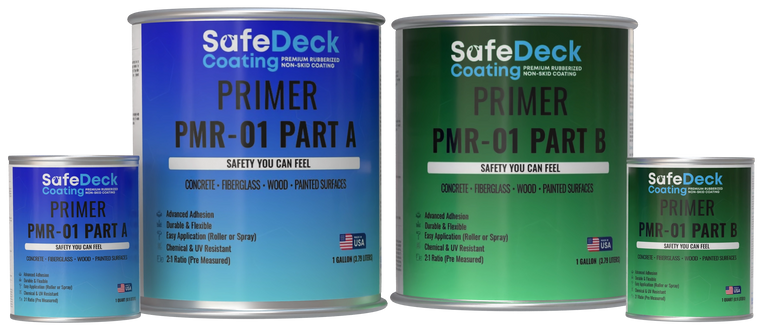 Two cans of SafeDeck Coating Primer PMR-01 Part A and Part B on a white background