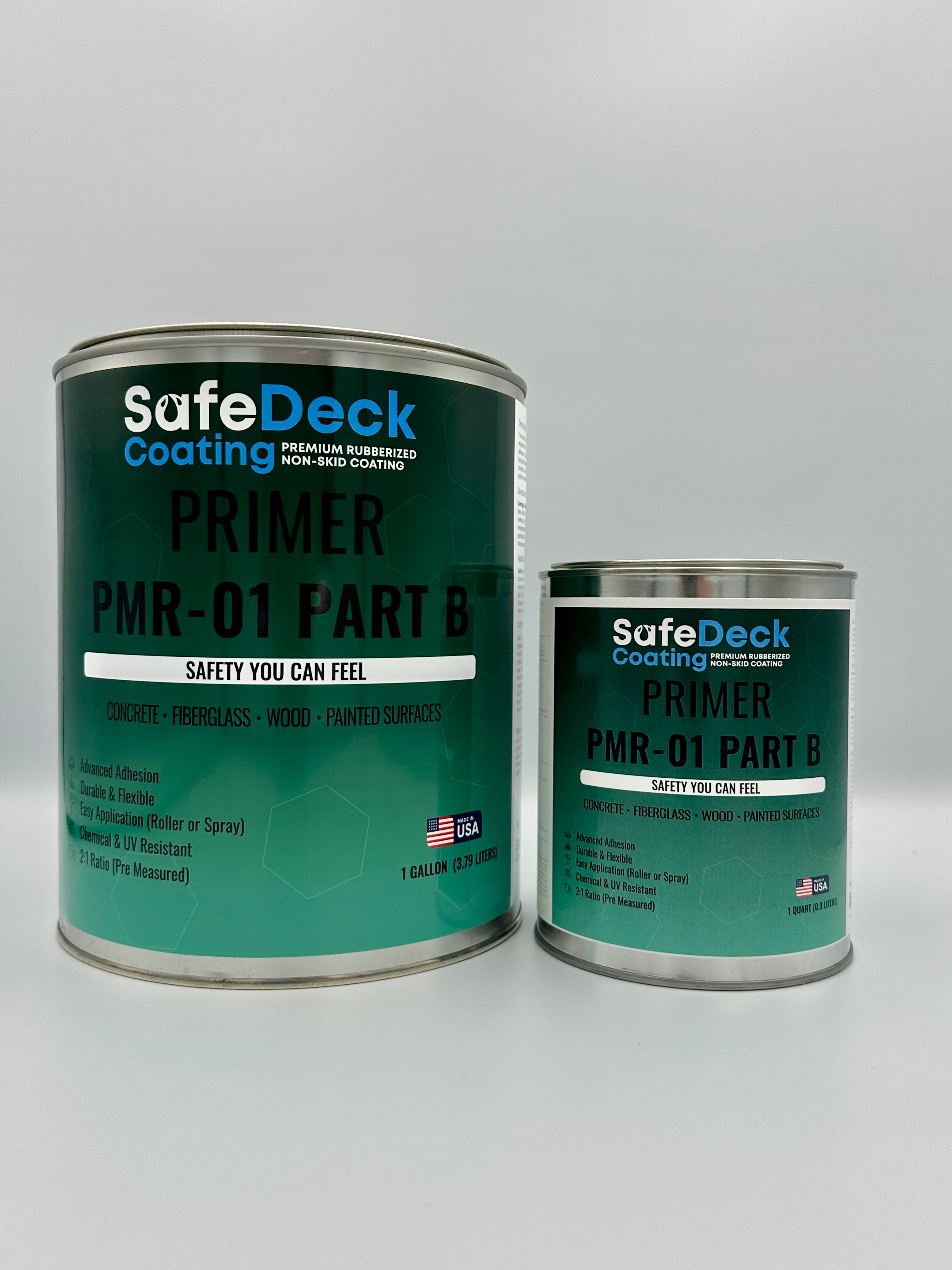 Two cans of SafeDeck Coating Primer PMR-01 Part B on a white background