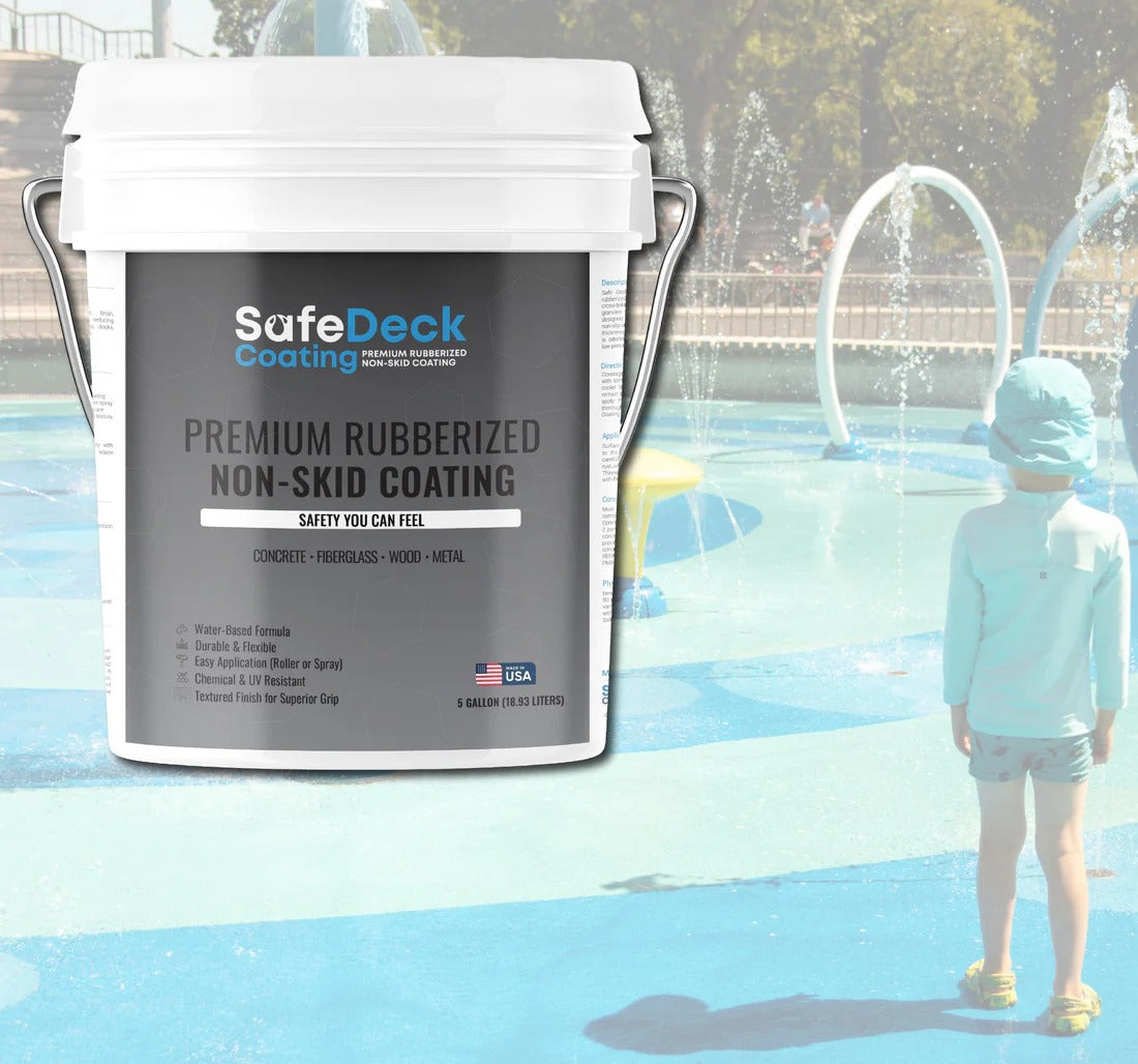 SafeDeck coating container with a child playing in a pool in the background