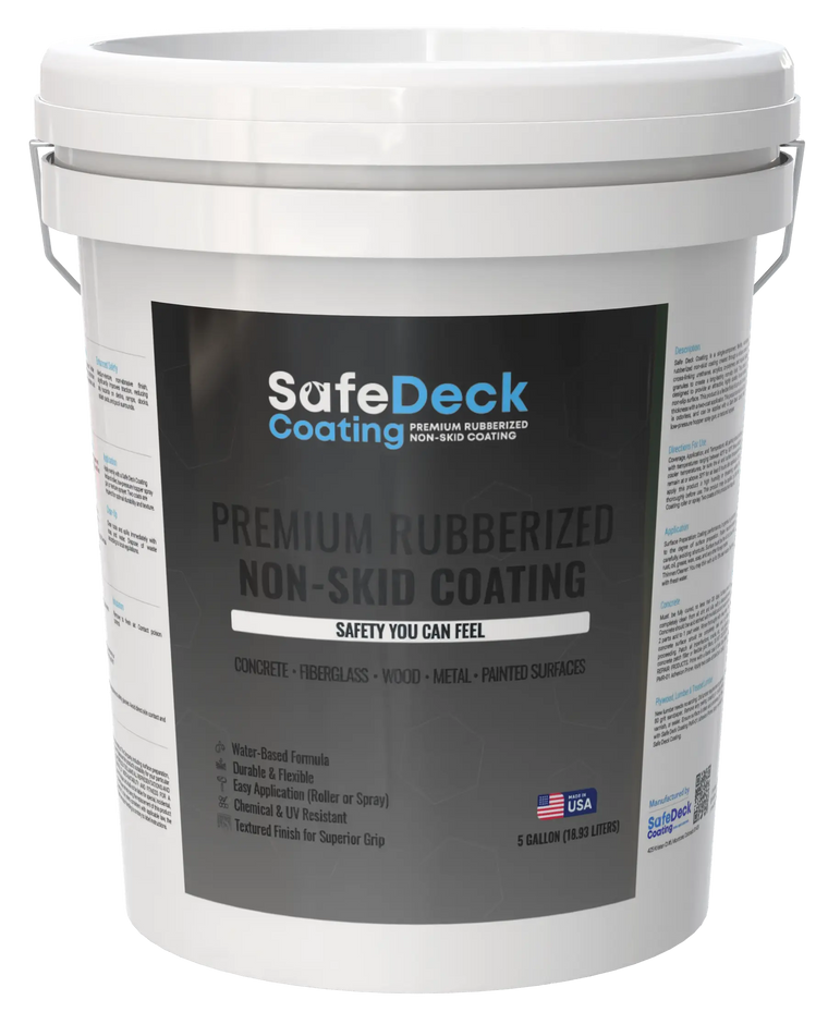 White bucket of SafeDeck Coating with a black label on a white background